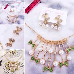 Gold green Crystal pearl necklace earring set